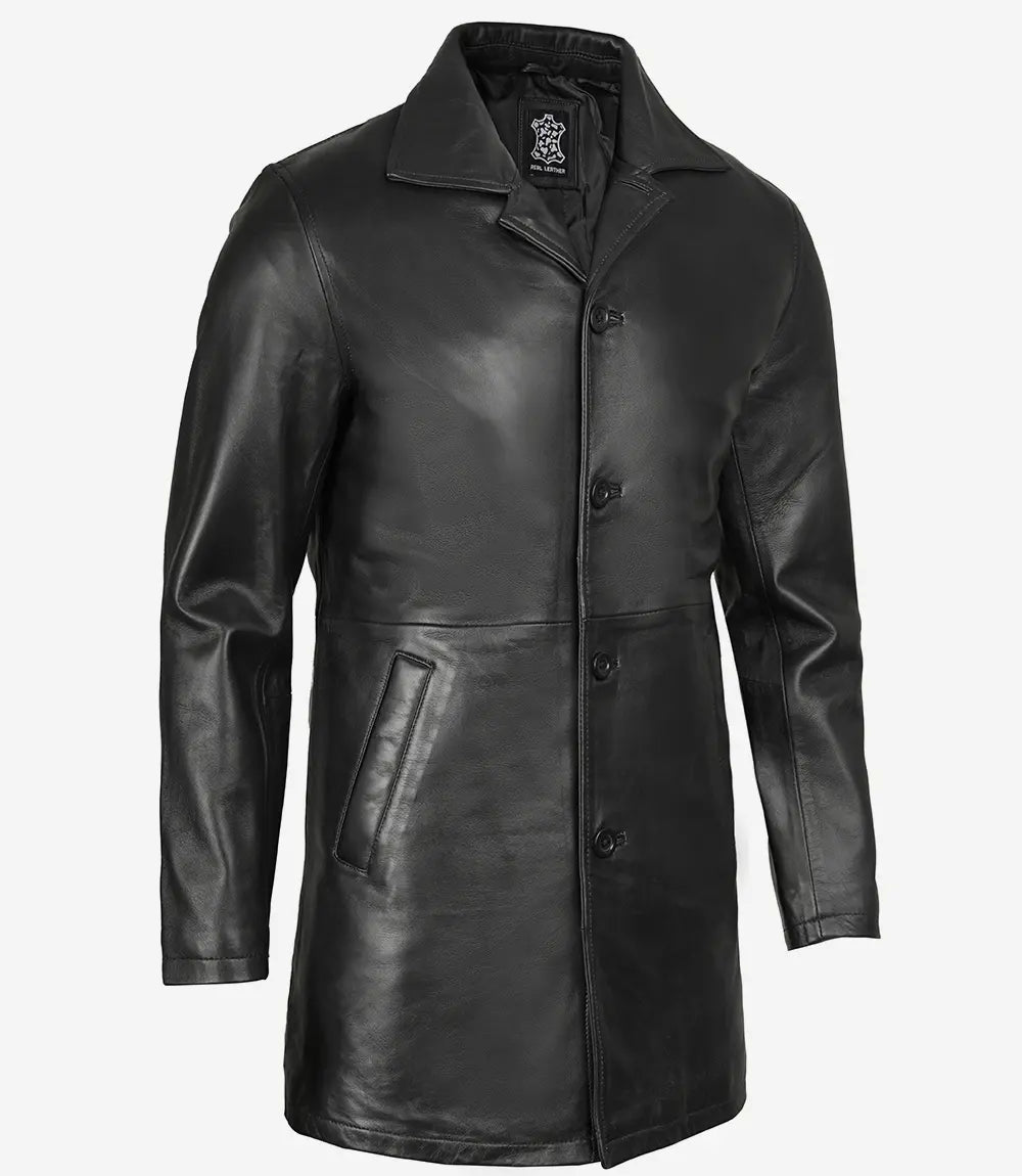 Mens Tall Distressed Black Long Leather Jacket