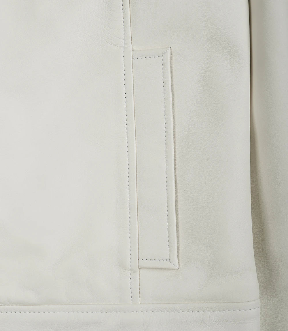Mens Shirt Collar White Leather Jacket