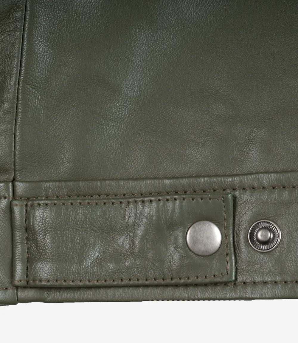 Mens Shirt Collar Green Leather Jacket