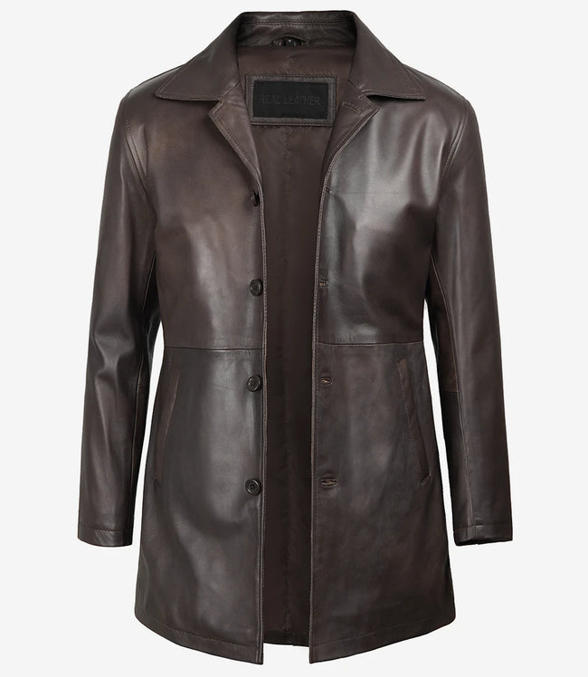 Winchester Distressed Brown Rust Car Coat Mens Shirt Collar Leather Jacket