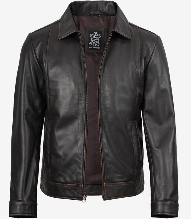 Mens Shirt Collar Vintage Brown Leather Jacket