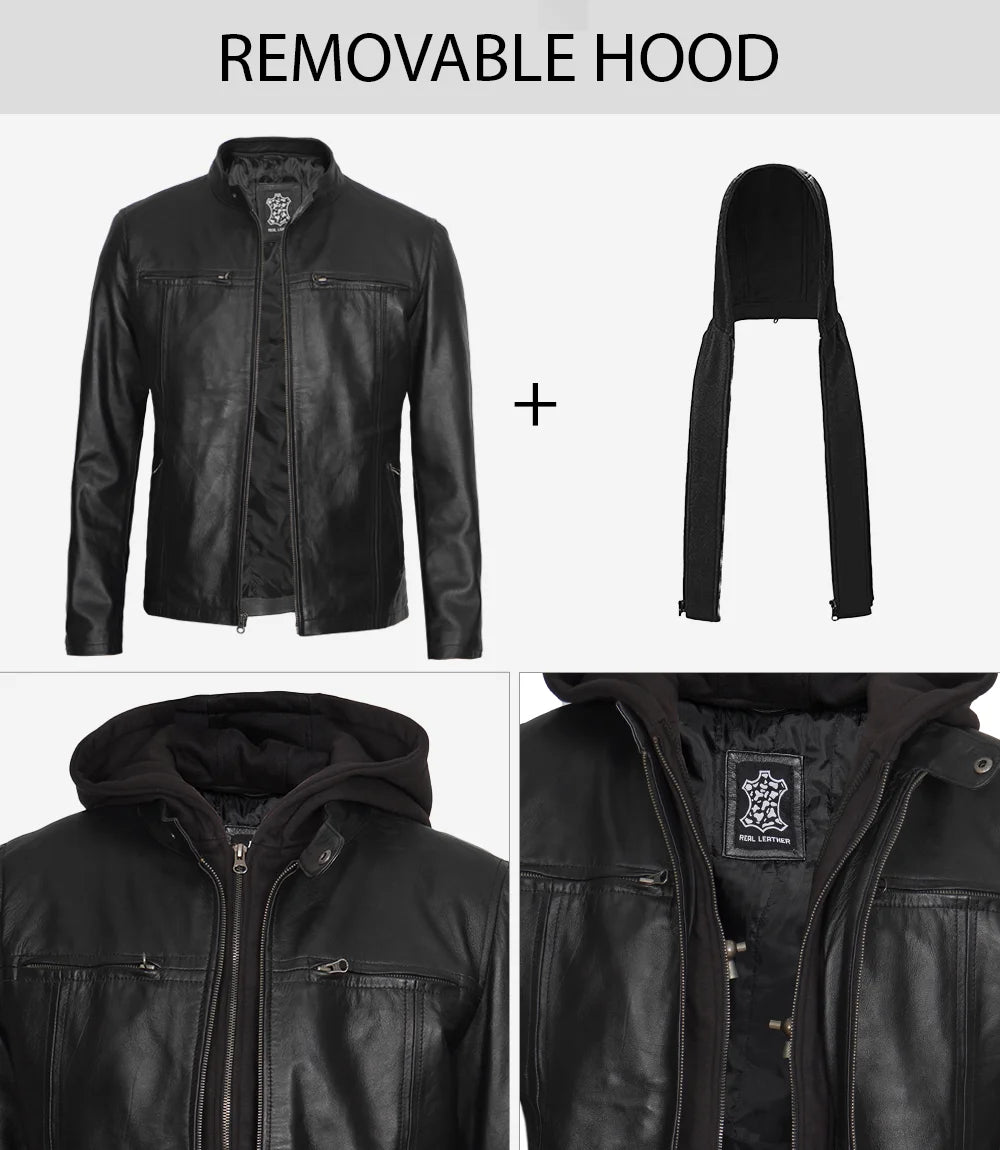 Mens Black Leather Jacket with Hood