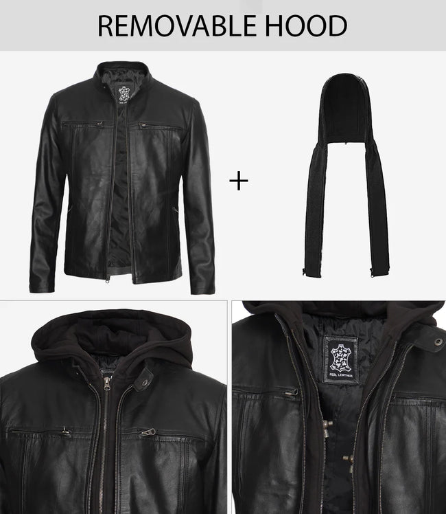 Mens Black Leather Jacket with Hood