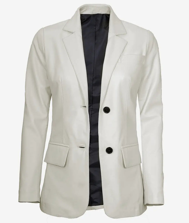 Womens Two Button White Leather Blazer