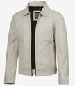 Mens Shirt Collar White Leather Jacket