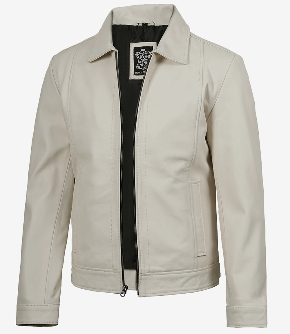 Mens Shirt Collar White Leather Jacket