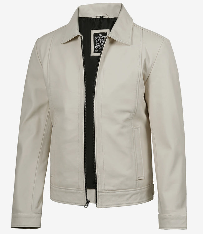 Mens Shirt Collar White Leather Jacket