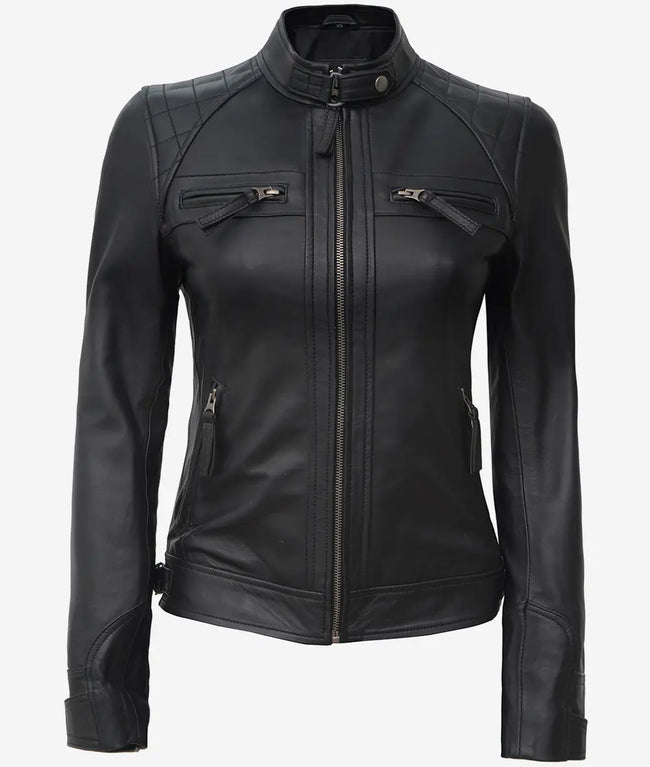 Womens Petite Black Leather Motorcycle Jacket