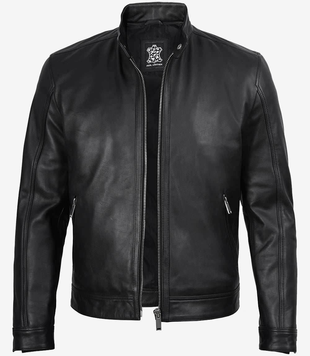 Mens Premium Black Cafe Racer Leather Jacket