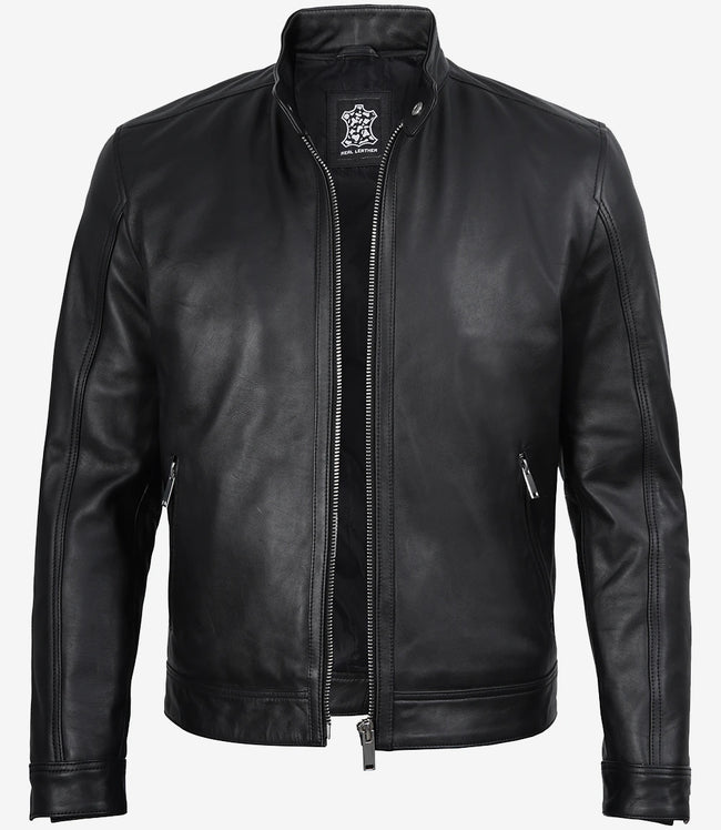 Mens Premium Black Cafe Racer Leather Jacket