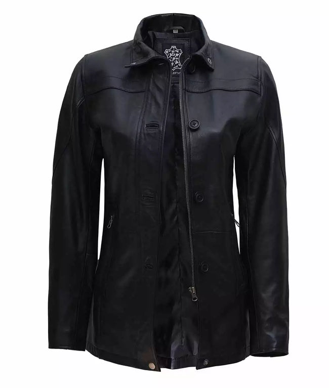 Womens Black Leather Car Coat