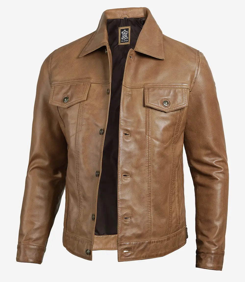 Mens Camel Leather Trucker Jacket