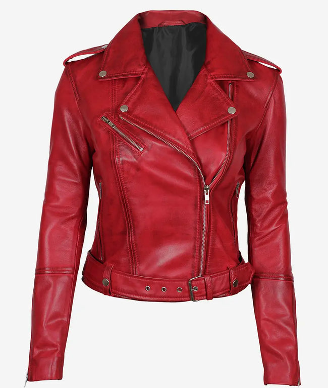 Margaret Womens Red Leather Biker Jacket