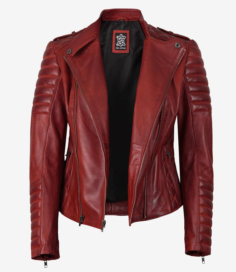 Womens Asymmetrical Red Leather Moto Jacket