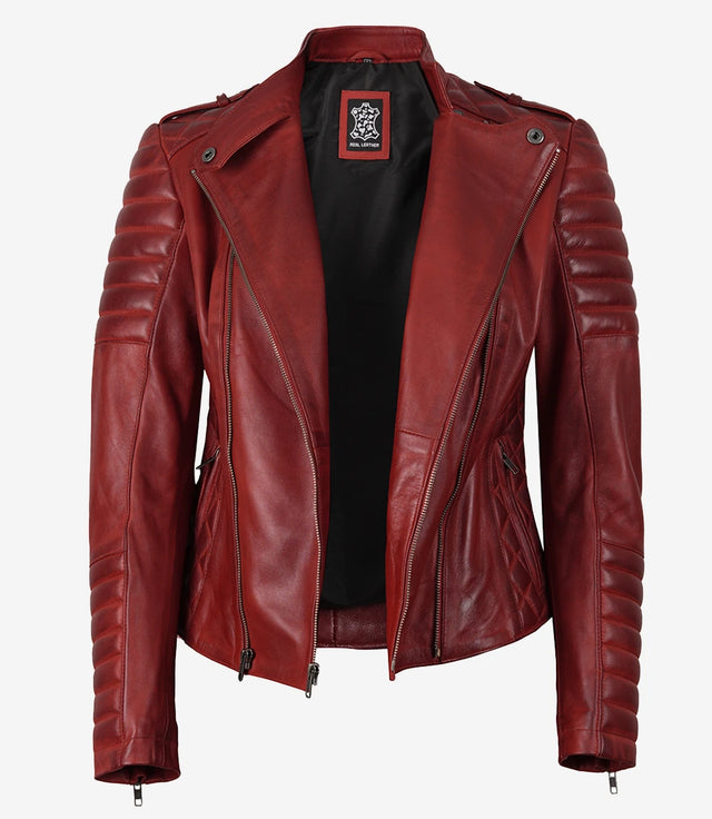 Womens Asymmetrical Red Leather Moto Jacket