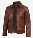 Reeves Brown Shirt Collar Front Zip Men Stylish Pebbled Leather Jacket
