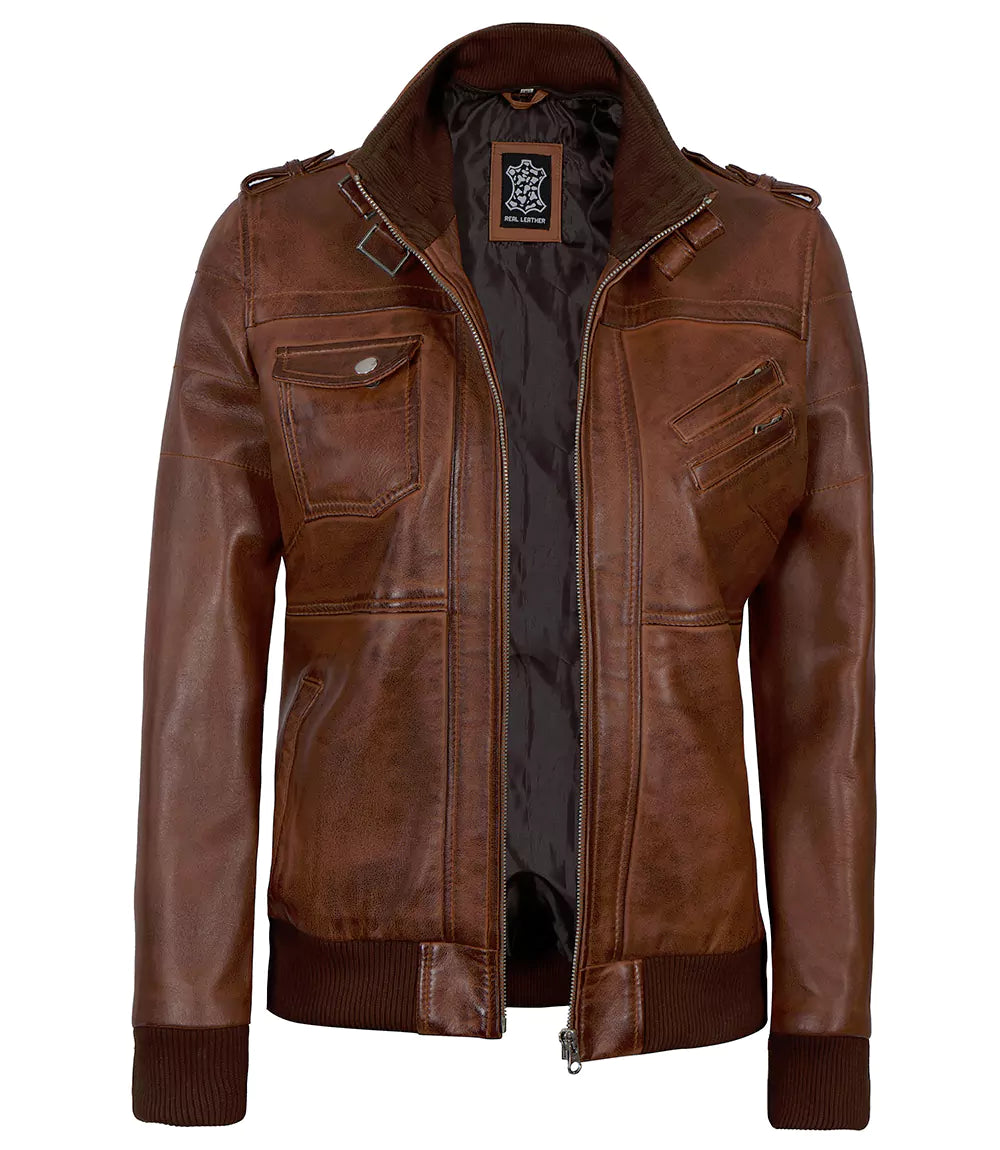 Womens Cognac Leather Bomber Jacket Hood
