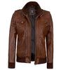 Womens Cognac Leather Bomber Jacket Hood