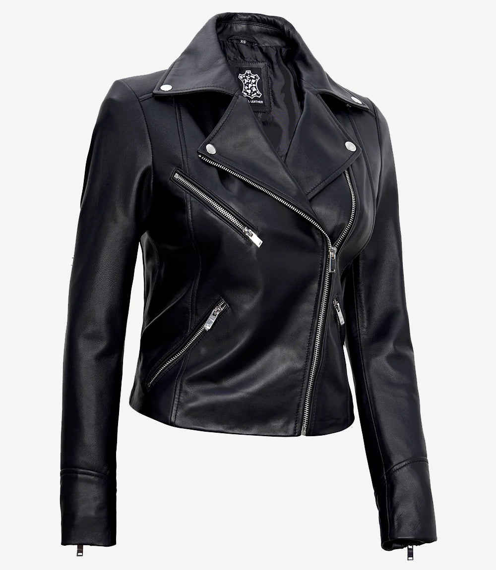 Women Black Asymmetrical Leather Jacket