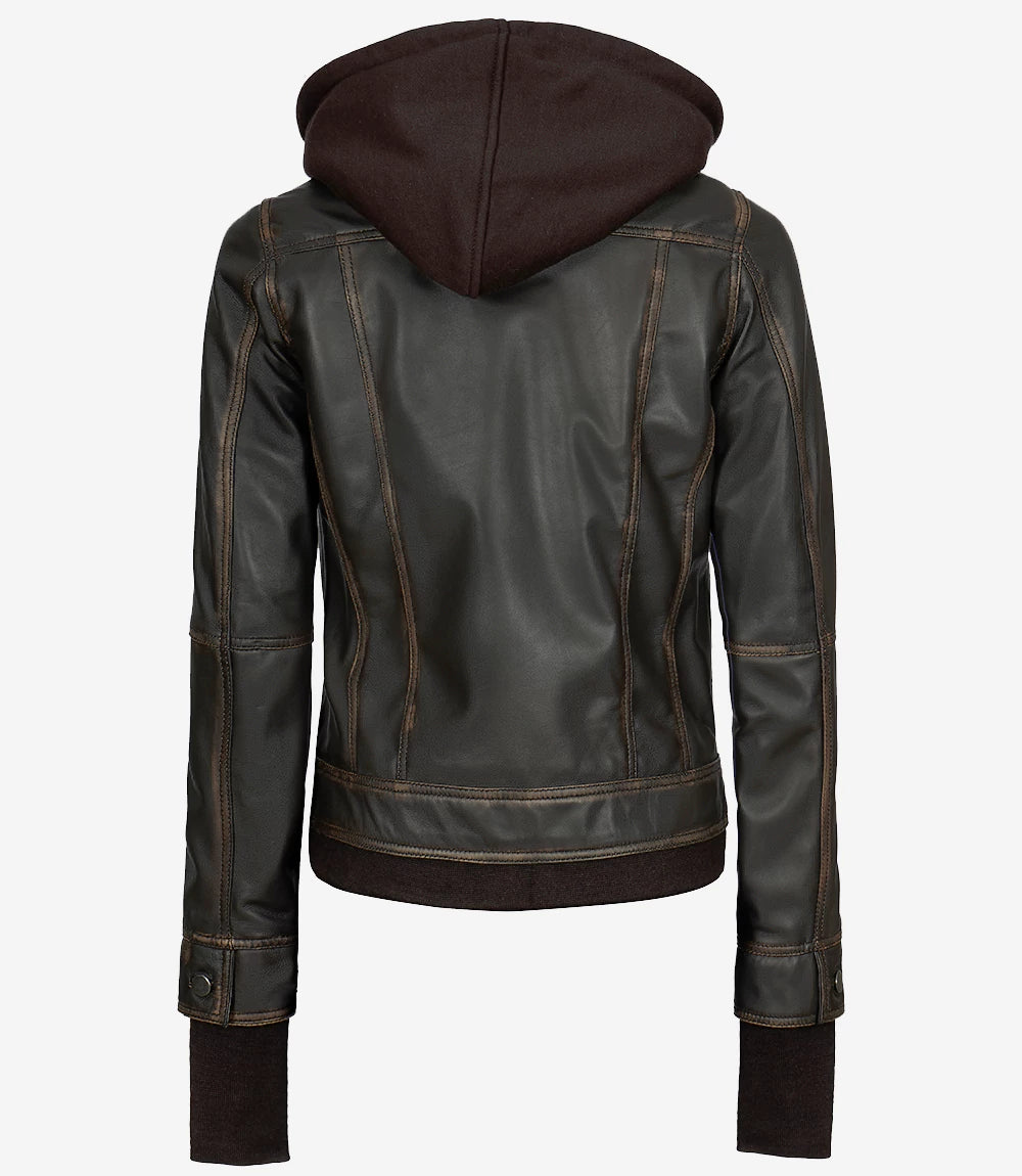Womens Rub off Brown Bomber Leather Jacket with Hood