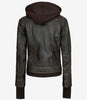 Womens Rub off Brown Bomber Leather Jacket with Hood