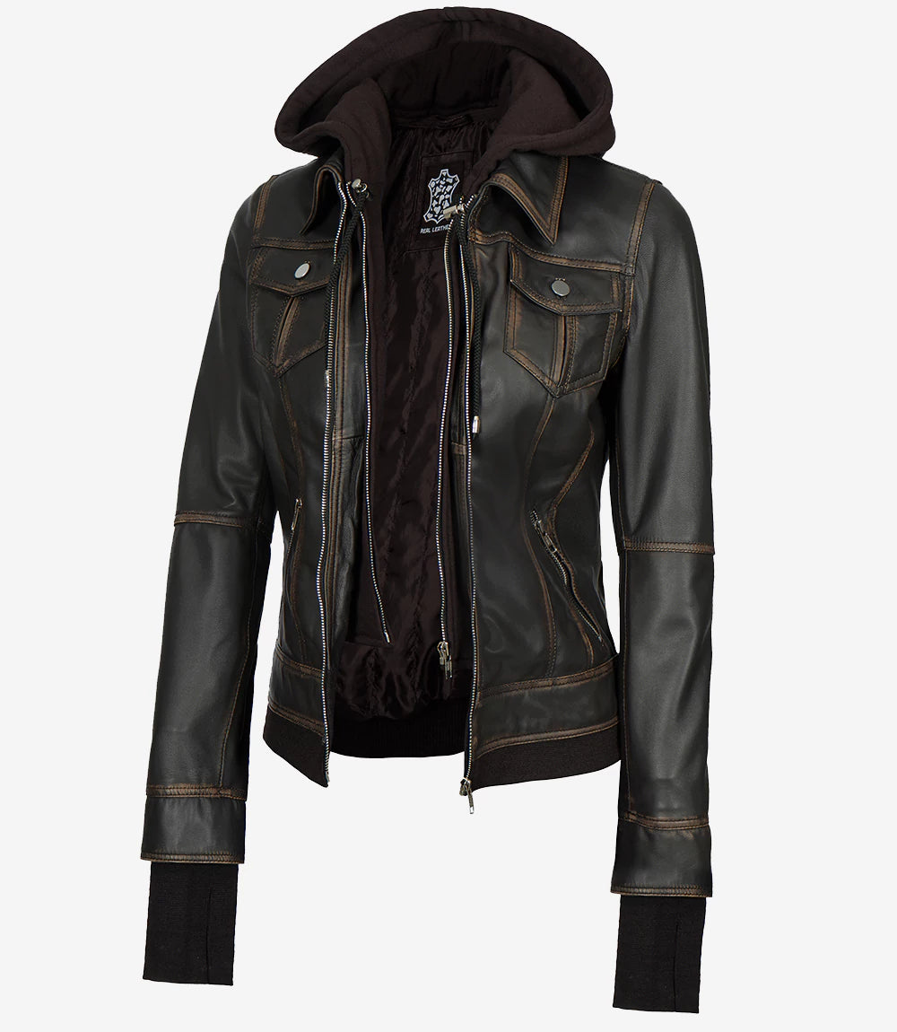 Womens Rub off Brown Bomber Leather Jacket with Hood