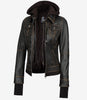 Womens Rub off Brown Bomber Leather Jacket with Hood