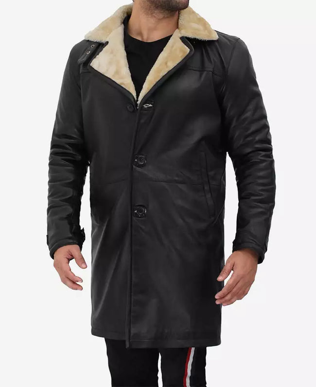 Mens Black Shearling Leather Winter Coat