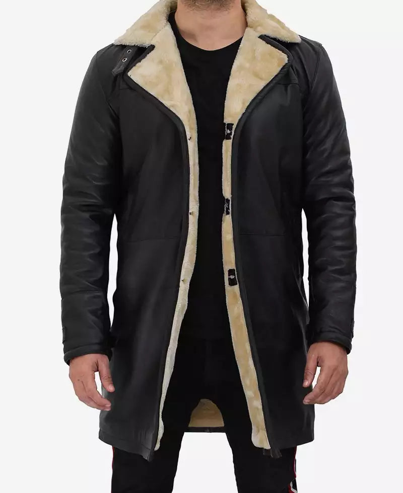 Mens Black Shearling Leather Winter Coat