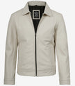 Mens Shirt Collar White Leather Jacket