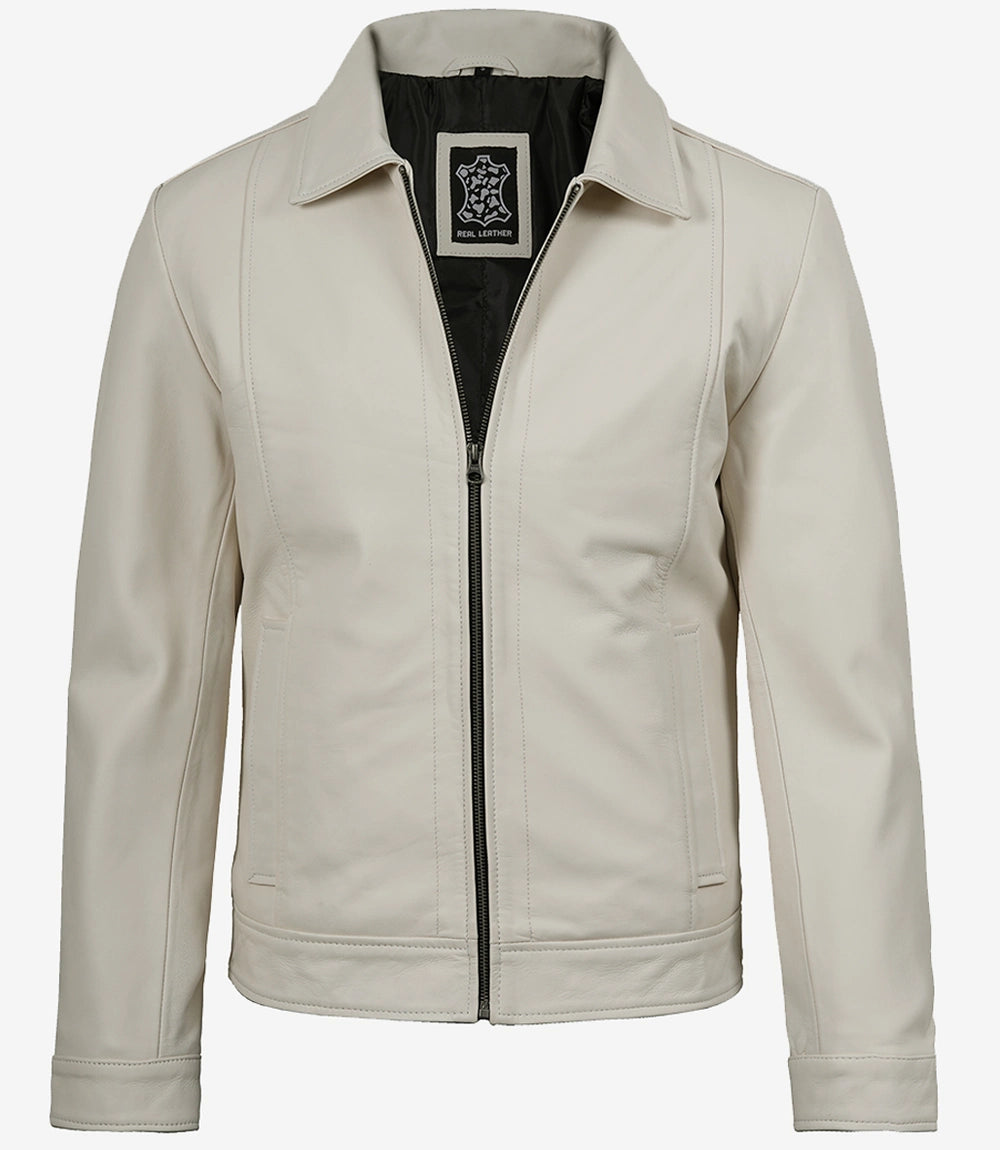 Mens Shirt Collar White Leather Jacket