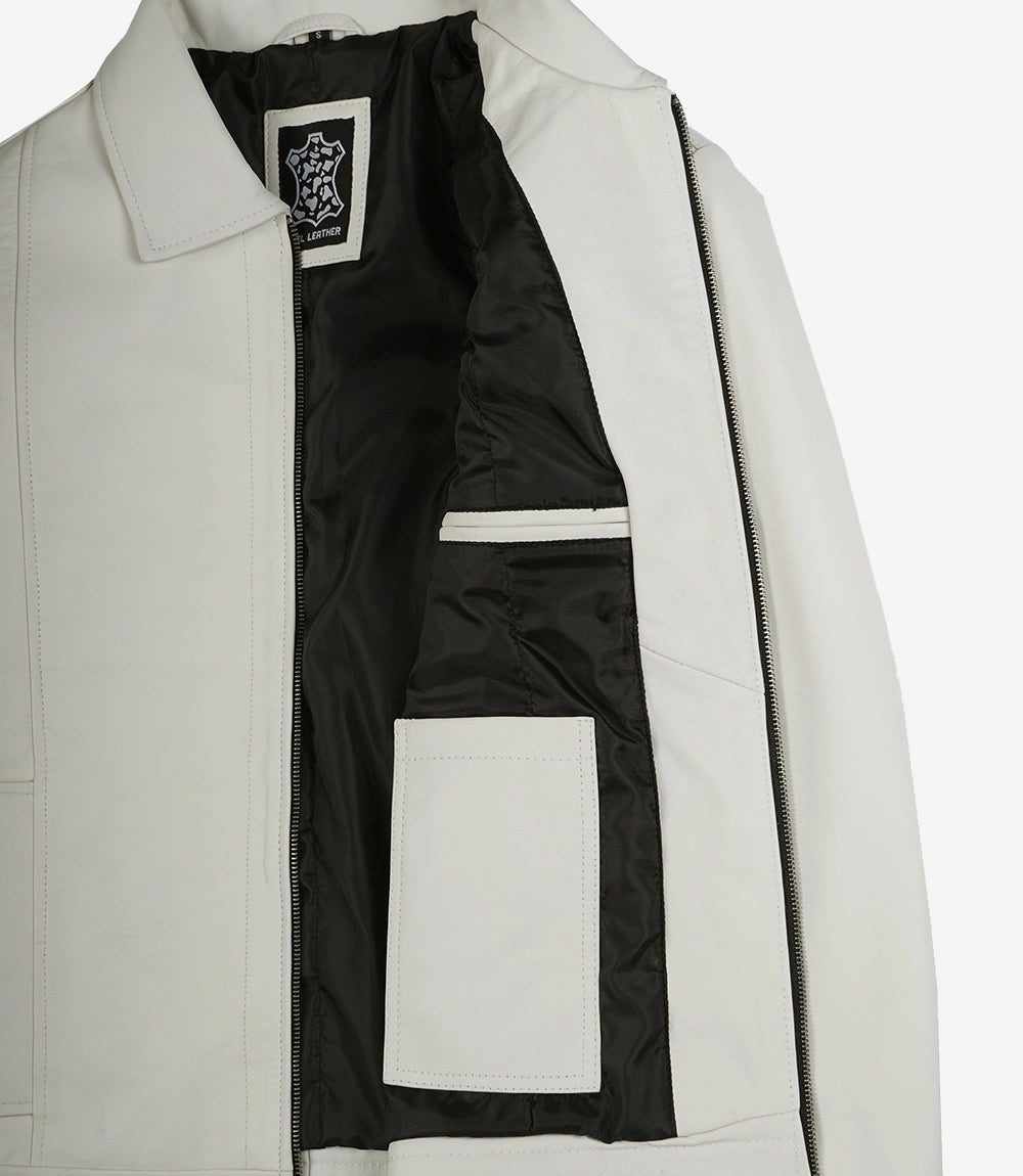Mens Shirt Collar White Leather Jacket
