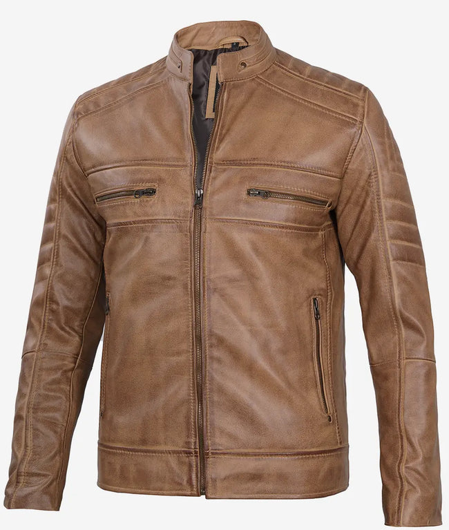 Mens Lambskin Tan Cafe Racer Leather Jacket