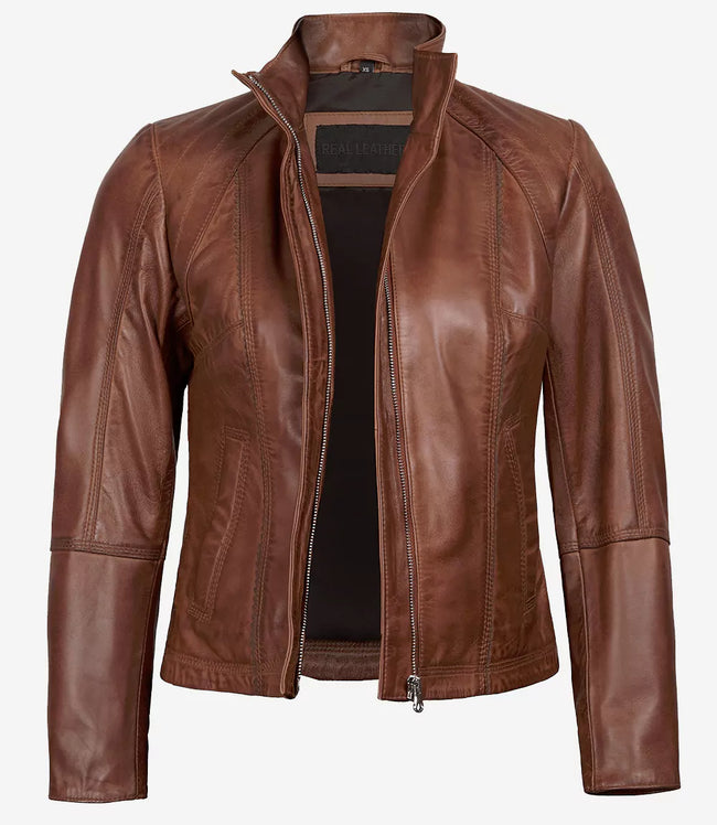 Womens Cafe Racer Cognac Leather Jacket