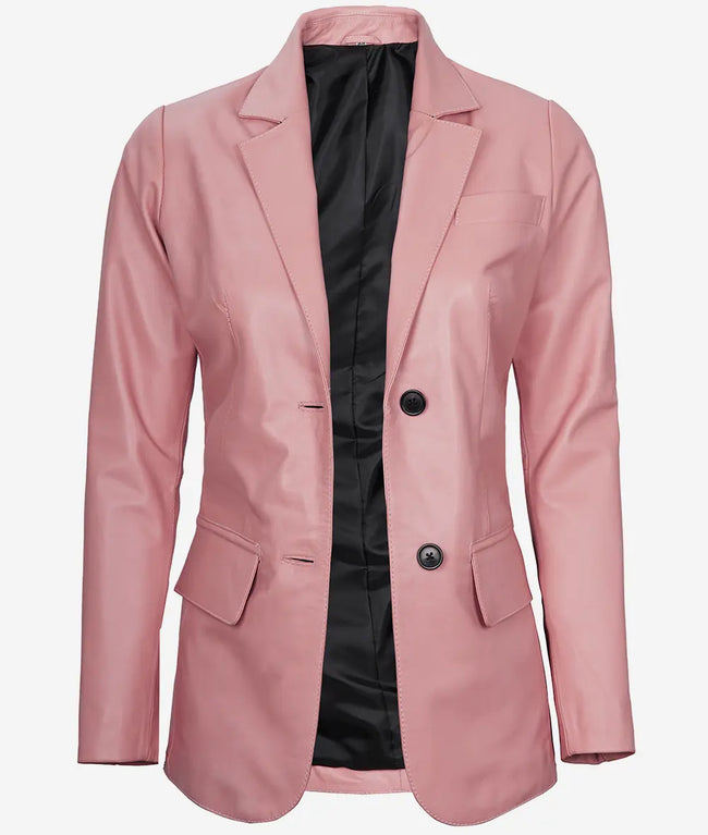 Womens Two Button Pink Leather Blazer