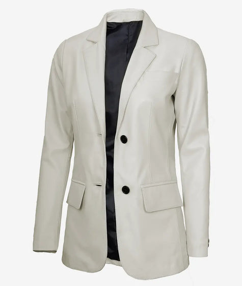 Womens Two Button White Leather Blazer