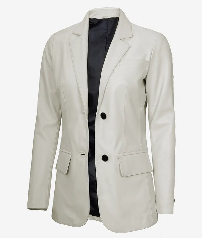 Womens Two Button White Leather Blazer