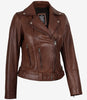 Women's Asymmetrical Cognac Leather Jacket - Belted Waist