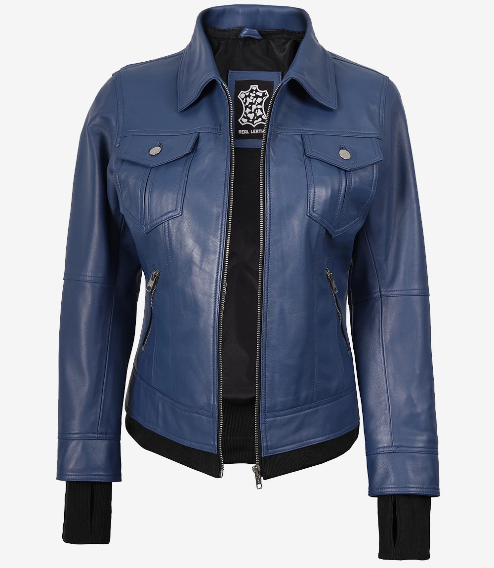 Womens Blue Bomber Leather Jacket With Hood