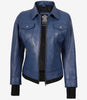 Womens Blue Bomber Leather Jacket With Hood