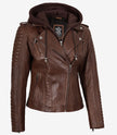 Women's Cognac Biker Style Leather Jacket with Removable Hood