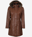 Women Brown Leather Coat With Fur Trim Removable Hood