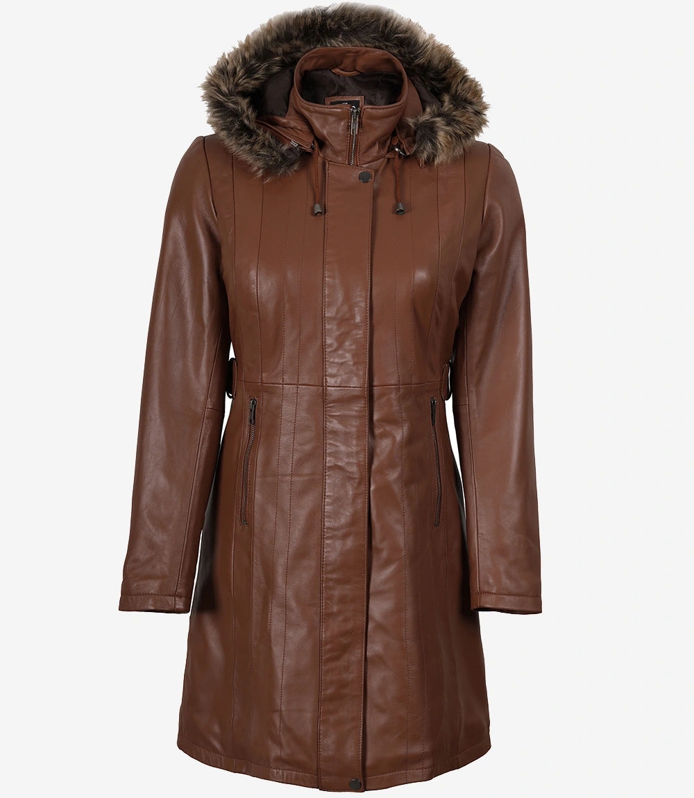 Women Brown Leather Coat With Fur Trim Removable Hood
