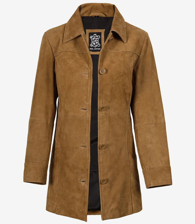 Women's 3/4 Length Button Down Brown Suede Coat