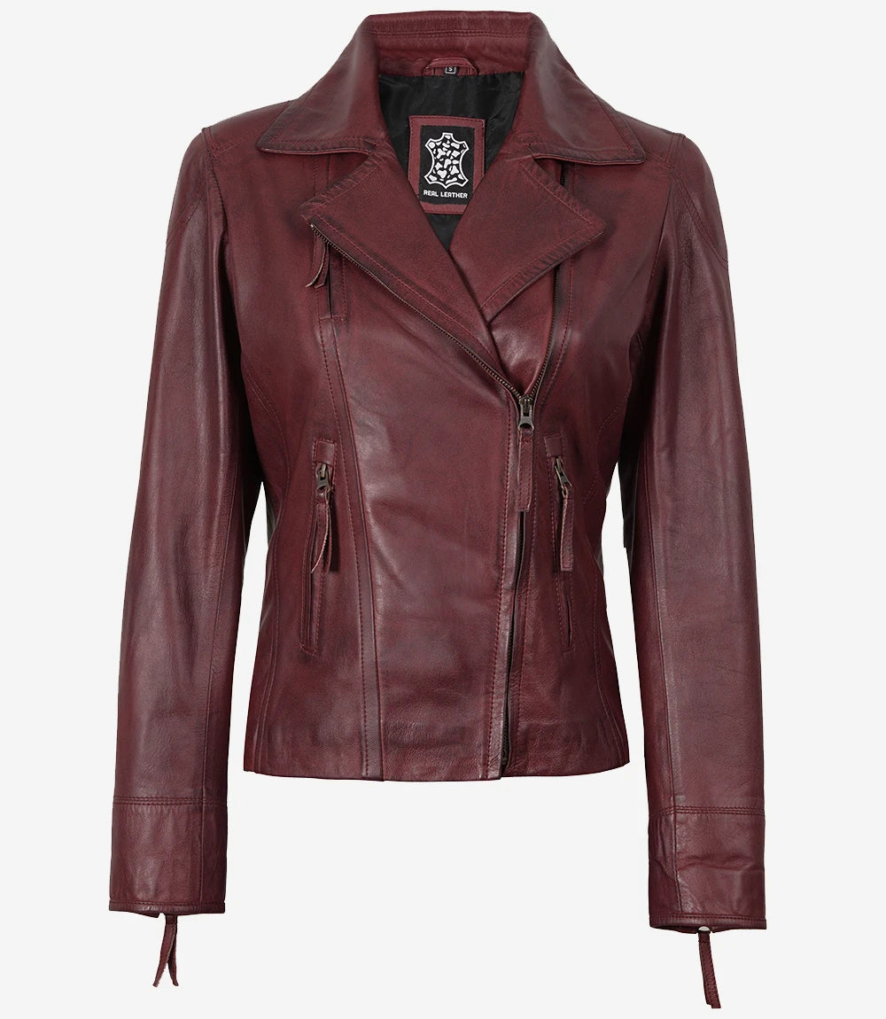 Women's Real Lambskin Leather Burgundy Biker Style Jacket