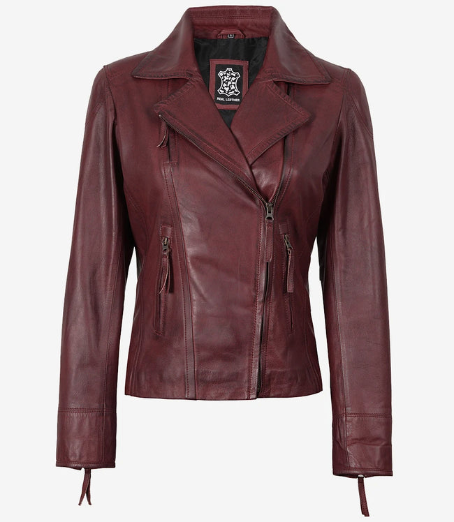 Women's Real Lambskin Leather Burgundy Biker Style Jacket