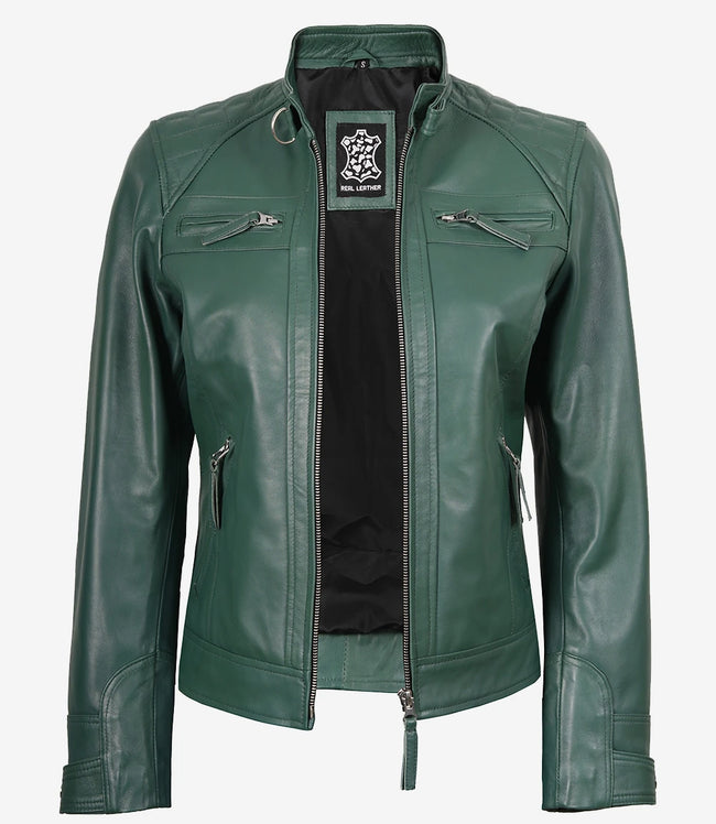 Womens Real Leather Green Biker Style Jacket - Quilted Shoulder