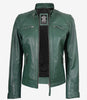 Womens Real Leather Green Biker Style Jacket - Quilted Shoulder