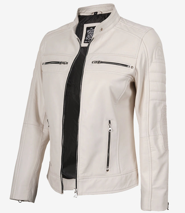 Women's Real Leather Off White Biker Style Leather Jacket