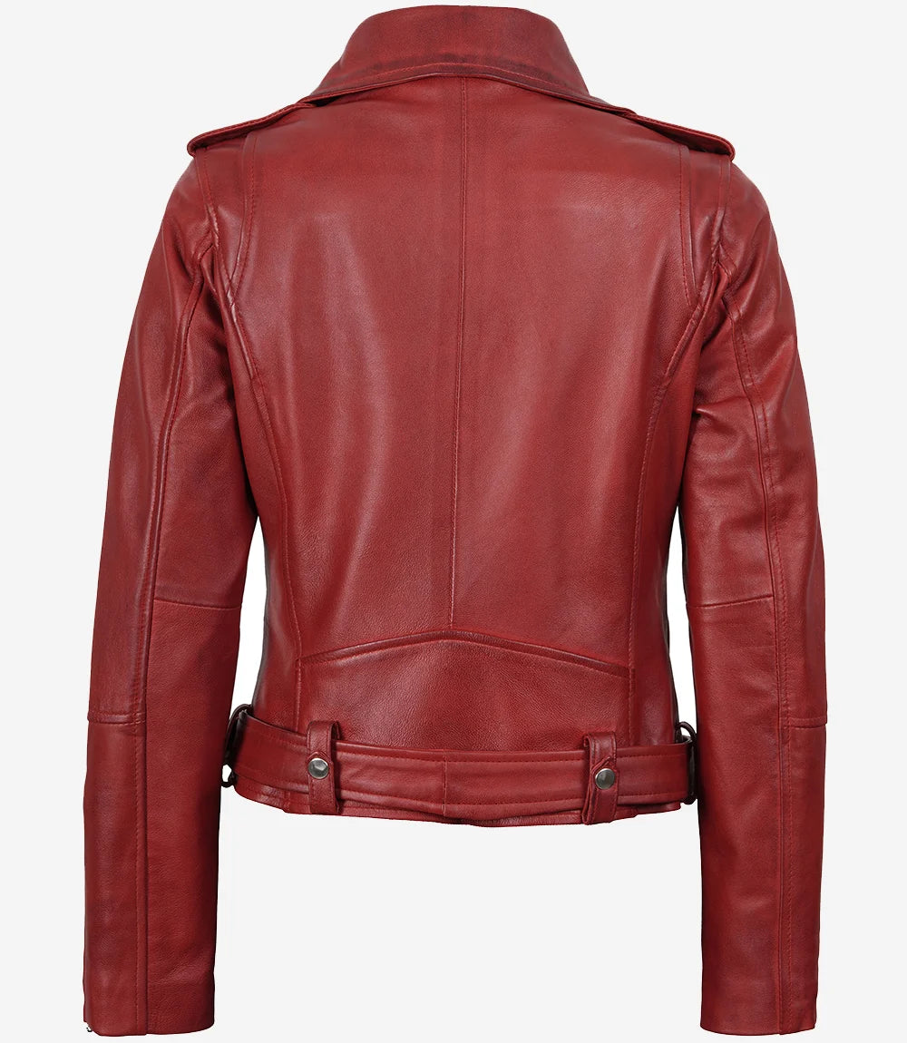 Women's Red Asymmetrical Belted Biker Style Leather Jacket